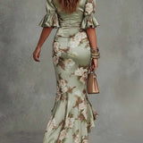 Anastasia | Vestido longo de cetim com estampa floral
