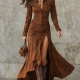 Lizet | Vestido longo retro em castanho com volantes