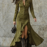 Lizet | Vestido longo retro em castanho com volantes