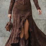 Lizet | Vestido longo retro em castanho com volantes
