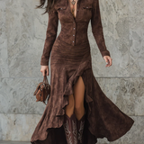 Lizet | Vestido longo retro em castanho com volantes