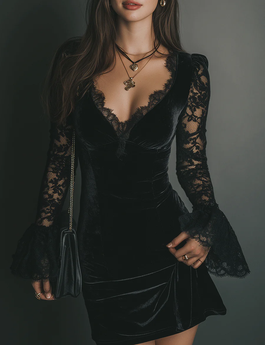 Melani | Vestido Mini de Veludo e Renda Lua