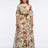 Isabel | Vestido maxi com cinto, decote redondo e mangas três quartos