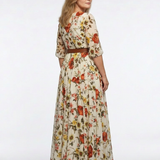 Isabel | Vestido maxi com cinto, decote redondo e mangas três quartos