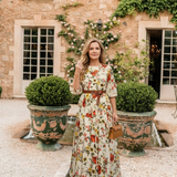 Isabel | Vestido maxi com cinto, decote redondo e mangas três quartos