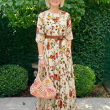Isabel | Vestido maxi com cinto, decote redondo e mangas três quartos