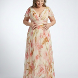 Margô | Vestido maxi colorido com mangas curtas em forma de V