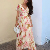 Margô | Vestido maxi colorido com mangas curtas em forma de V