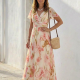 Margô | Vestido maxi colorido com mangas curtas em forma de V
