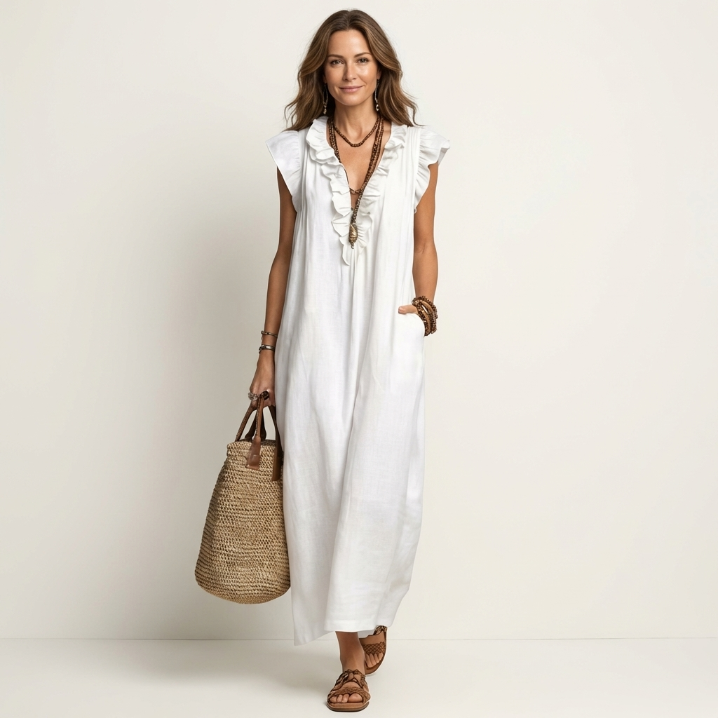 Joset | Vestido maxi de linho com renda em V