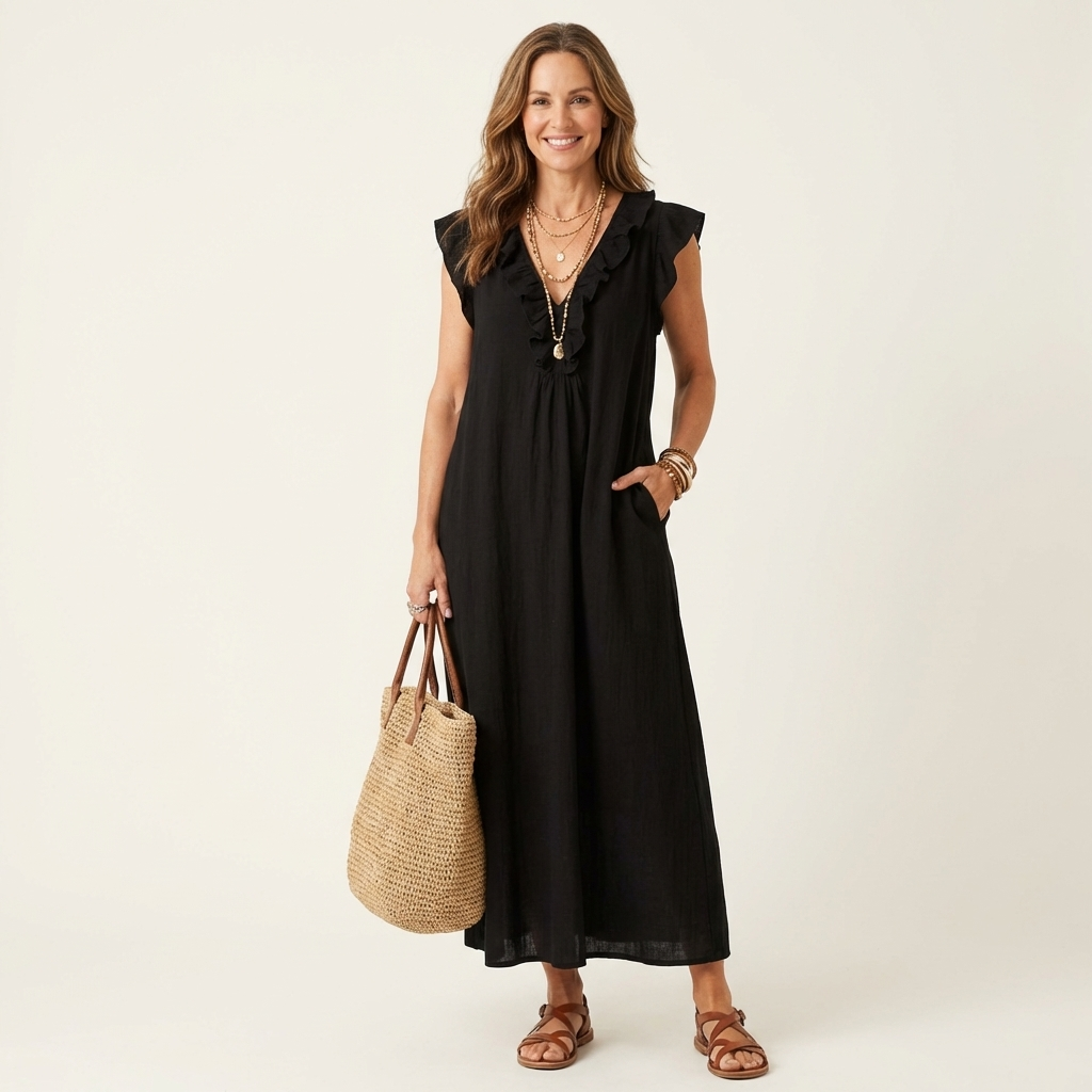 Joset | Vestido maxi de linho com renda em V