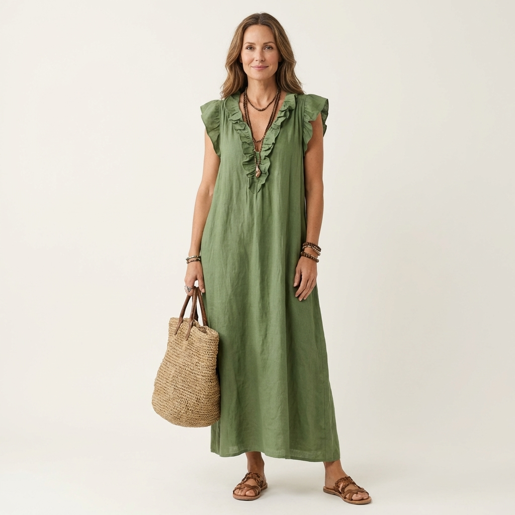 Joset | Vestido maxi de linho com renda em V