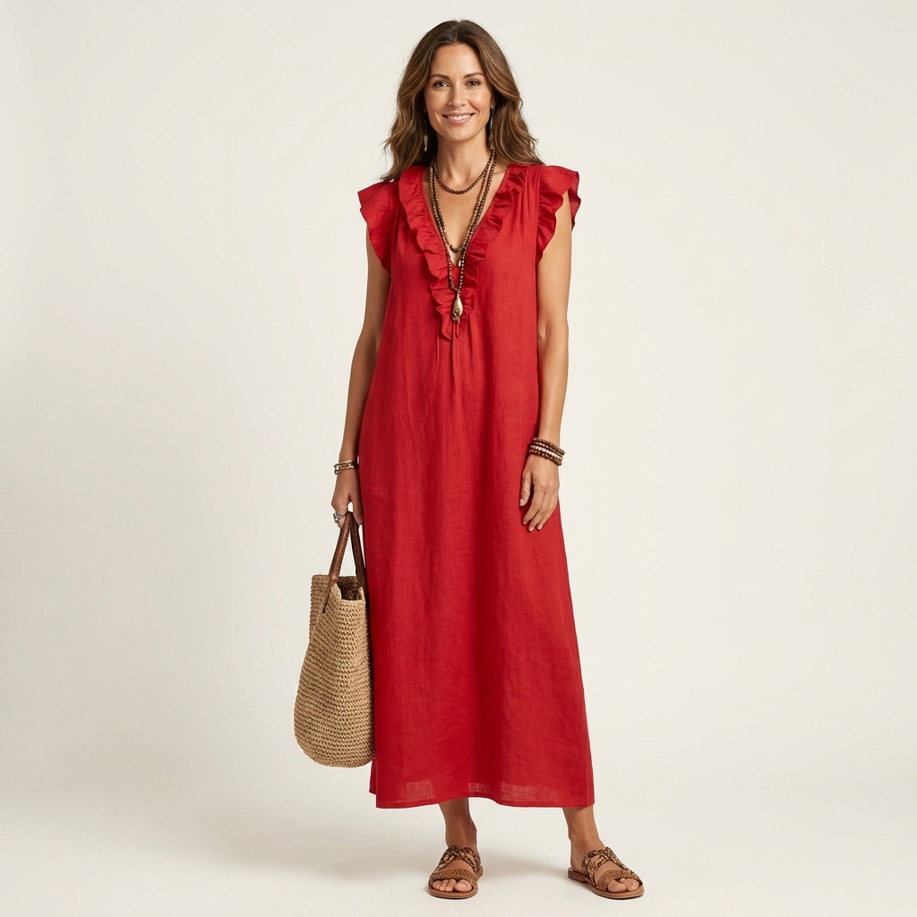 Joset | Vestido maxi de linho com renda em V