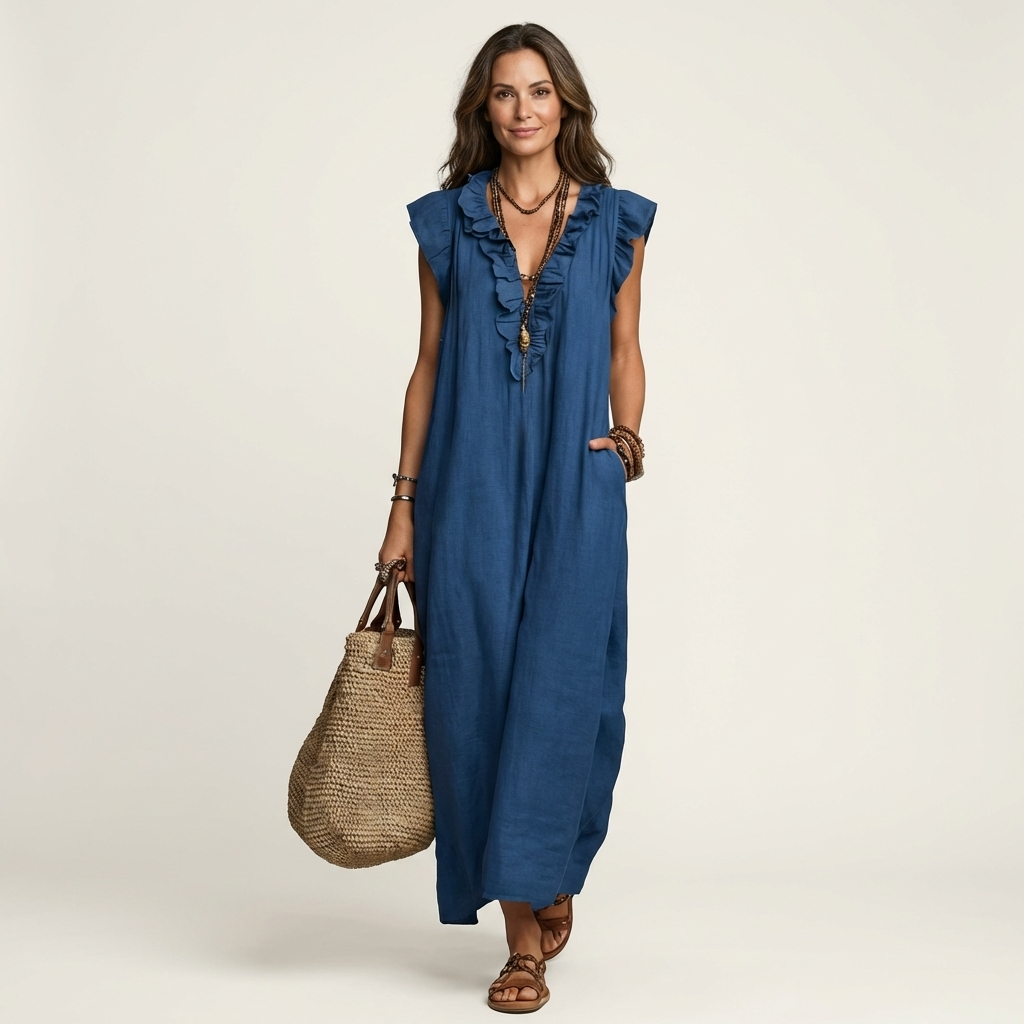 Joset | Vestido maxi de linho com renda em V