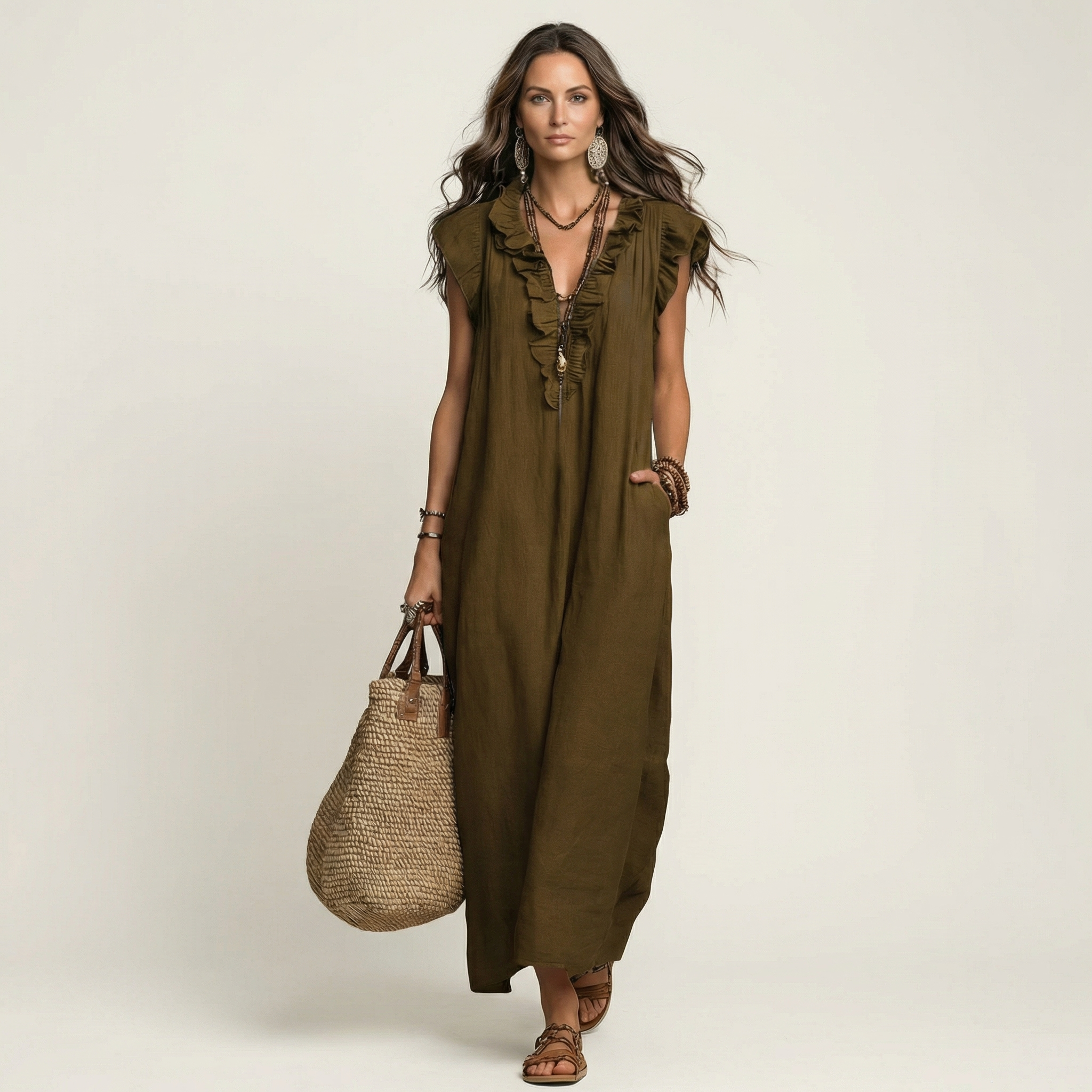 Joset | Vestido maxi de linho com renda em V