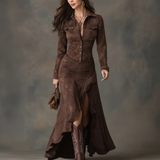 Lizet | Vestido longo retro em castanho com volantes