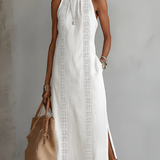 Jimena | Vestido midi de linho de algodão com gola mandarim