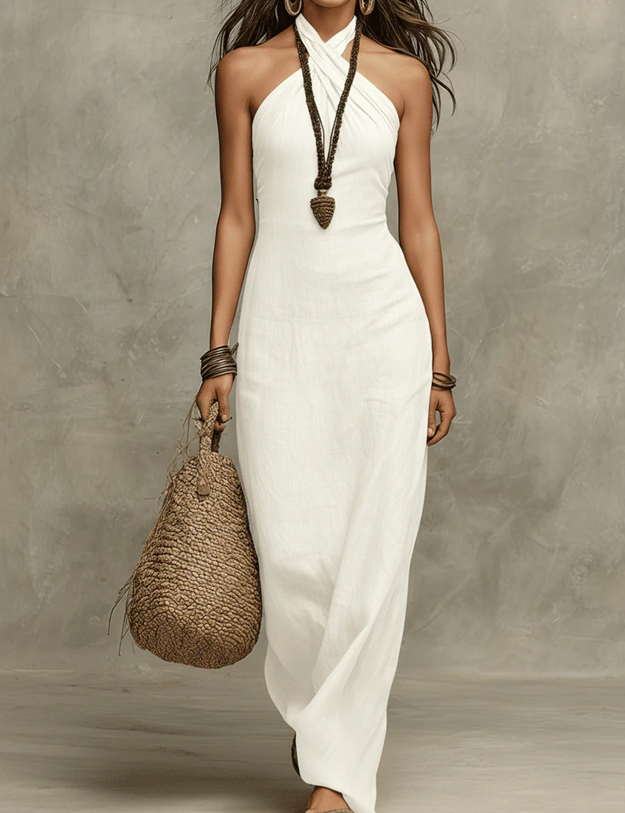 Emília | Elegante vestido longo em cor de areia