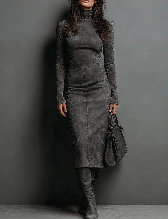 Aurián | Vestido Midi de Suedine com Gola Alta