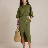 Marta - Vestido Midi Boho em Verde Oliva