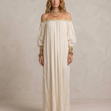 Isabel - Maxi Vestido Plissado Boho em Marfim