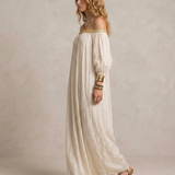 Isabel - Maxi Vestido Plissado Boho em Marfim