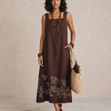 Noemia - Vestido midi de linho com bordados em estilo boho