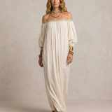 Isabel - Maxi Vestido Plissado Boho em Marfim