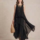 Nadia - Maxi vestido Boho com camadas de chiffon em preto
