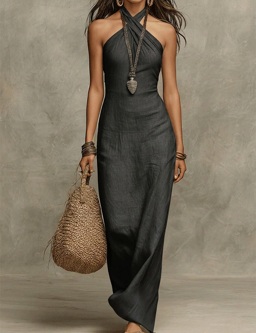 Avelina™ – Vestido longo e volumoso em algodão e linho, gola americana