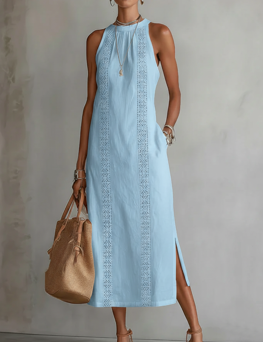 Jimena | Vestido midi bordado relaxante com gola mandarim