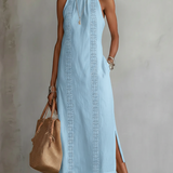 Jimena | Vestido midi bordado relaxante com gola mandarim