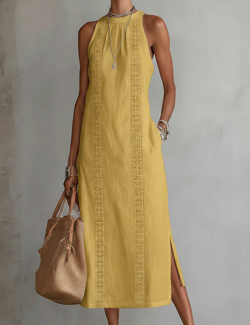 Jimena | Vestido midi bordado relaxante com gola mandarim