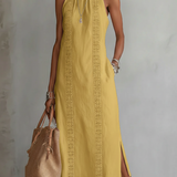 Jimena | Vestido midi bordado relaxante com gola mandarim
