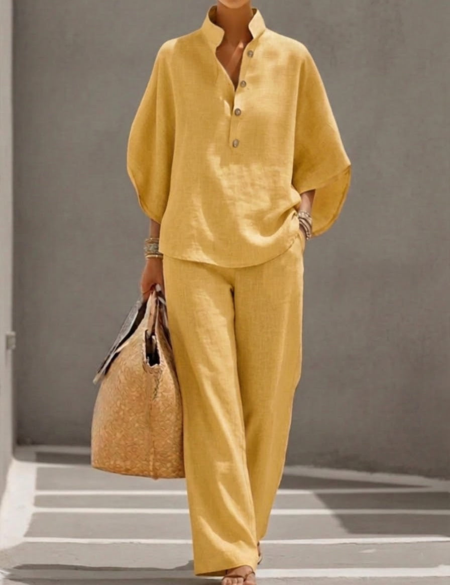 Mariel | Conjunto de algodão e linho com blusa de manga morcego e calças largas