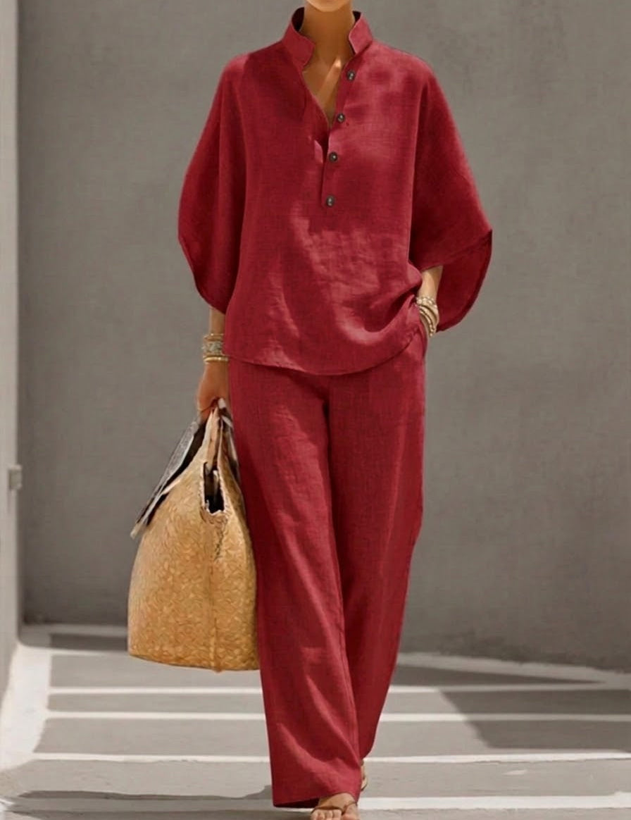 Mariel | Conjunto de algodão e linho com blusa de manga morcego e calças largas
