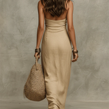 Avelina™ – Vestido longo e volumoso de algodão e linho, com decote americano