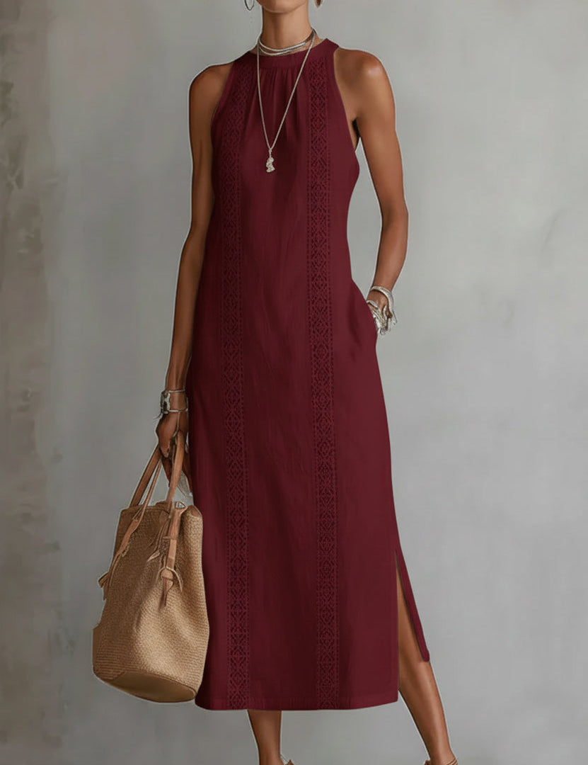 Jimena | Vestido midi de linho de algodão com gola mandarim
