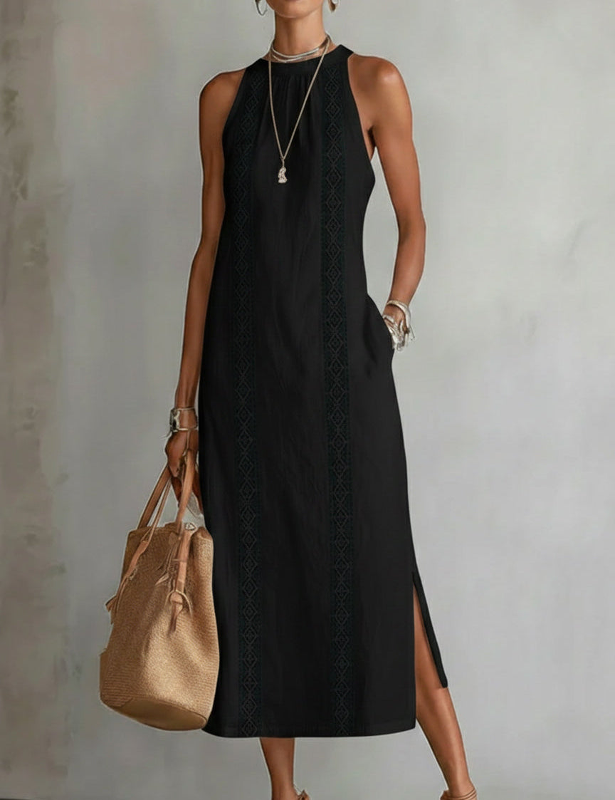 Jimena | Vestido midi de linho de algodão com gola mandarim