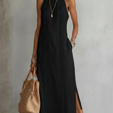 Jimena | Vestido midi de linho de algodão com gola mandarim